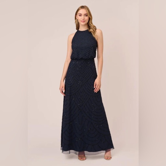 Adrianna Papell Dresses & Skirts - Adrianna Papell SZ 8 NWT Navy Beaded Halter Gown MOB Formal Art Deco evening